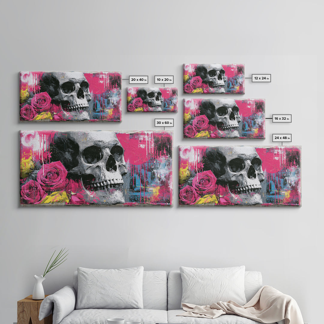 Skull with Roses in Street Mural Style Framed Canvas Print, Street Art, Art Print, Living Room Decor, Fine Art, Urban, STR-2x1-12