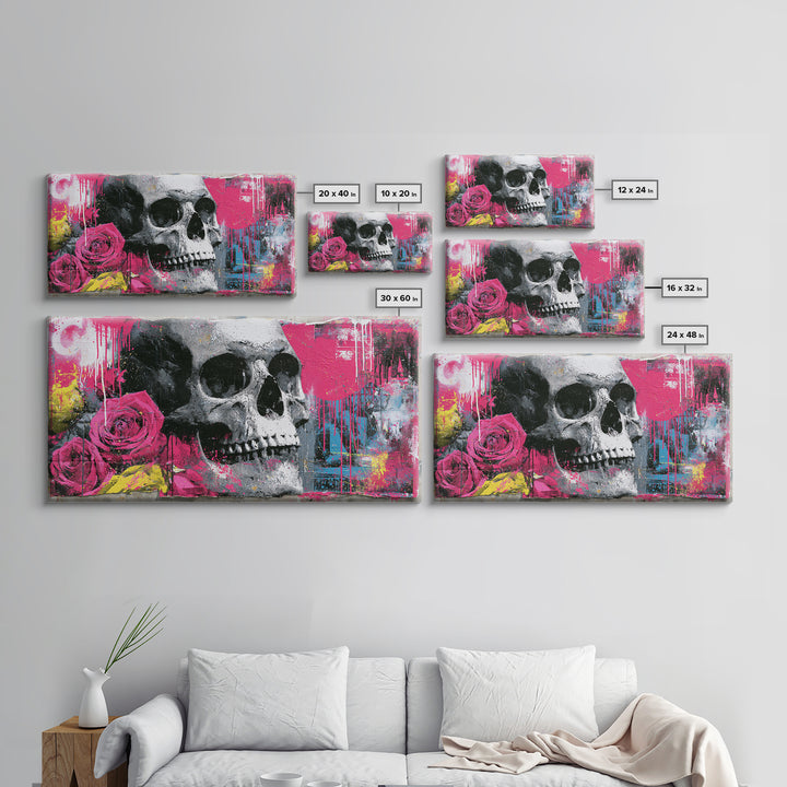 Skull with Roses in Street Mural Style Framed Canvas Print, Street Art, Art Print, Living Room Decor, Fine Art, Urban, STR-2x1-12