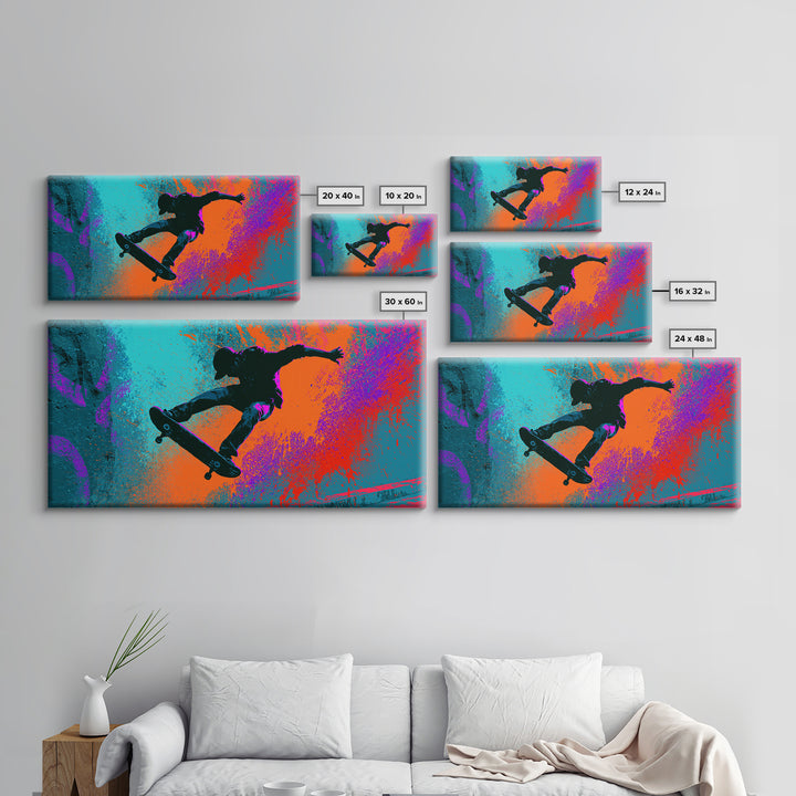 Skateboarder Silhouette over Neon Splashes Framed Canvas Print, Street Art, Living Room Decor, Watercolor Art, Urban, STR-2x1-23