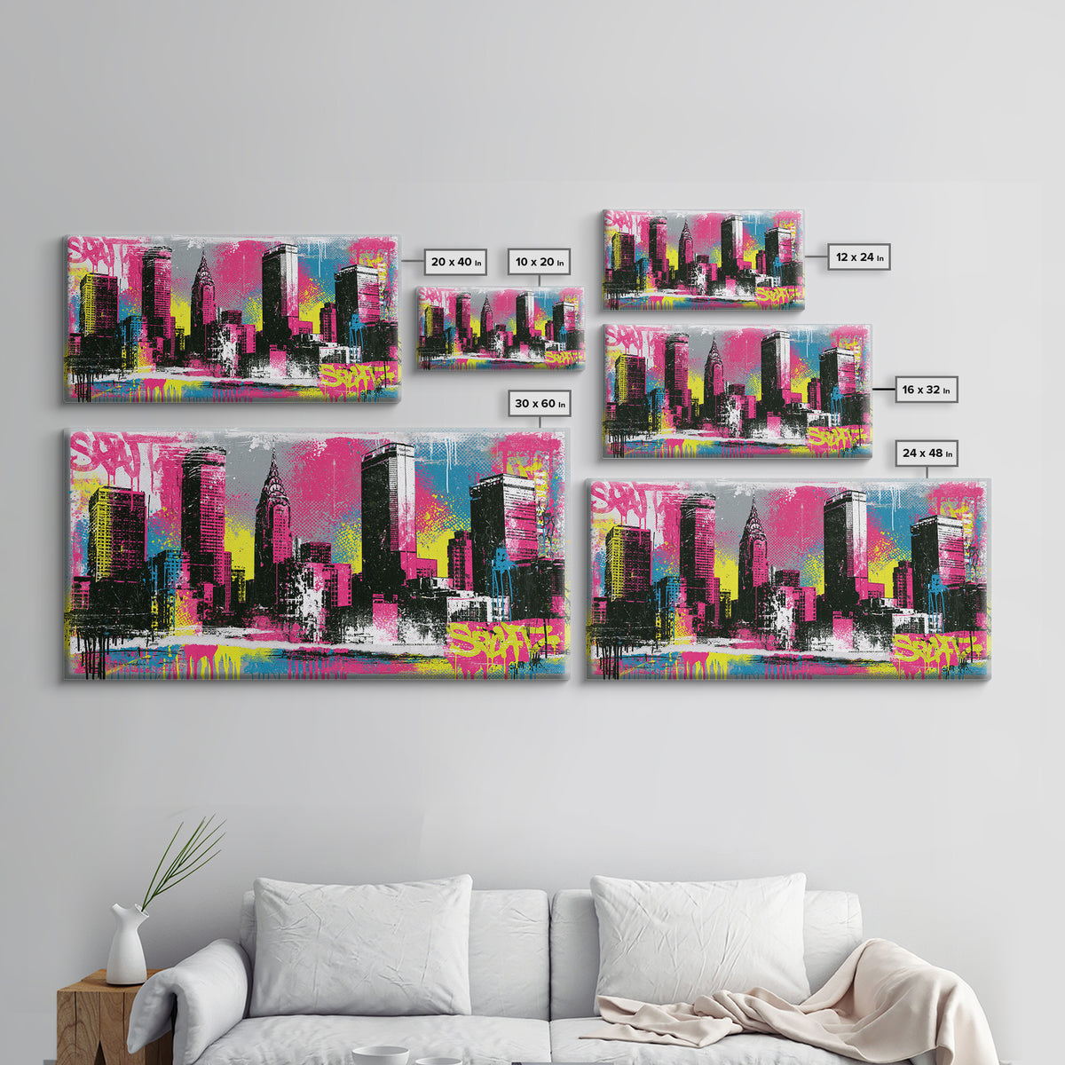 Urban Skyline Made from Stencil Layers Framed Canvas Print, Street Art, Minimalist Decor, Living Room Decor, Abstract Art, STR-2x1-34