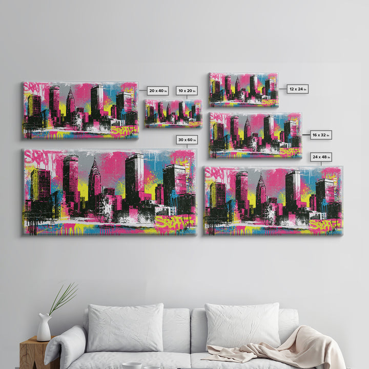 Urban Skyline Made from Stencil Layers Framed Canvas Print, Street Art, Minimalist Decor, Living Room Decor, Abstract Art, STR-2x1-34