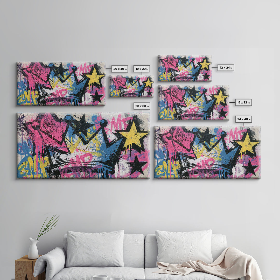 Drippy Crown and Stars Composition Framed Canvas Print, Street Art, Poster, Living Room Decor, Fine Art, Urban, Poster Prints, STR-2x1-40