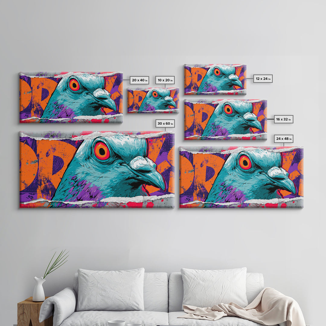 City Pigeon with Attitude and Comic Charm Framed Canvas Print, Street Art, Watercolor Painting, Living Room Decor, STR-2x1-51