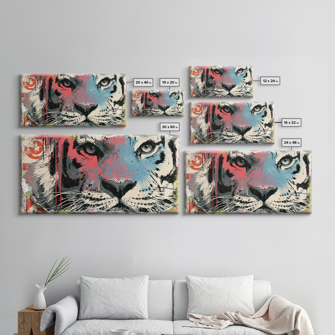 Spray Painted Tiger Face Canvas Print, Street Art, Painting, Living Room Decor, Oil Painting, Urban, Abstract Painting, STR-2x1-52