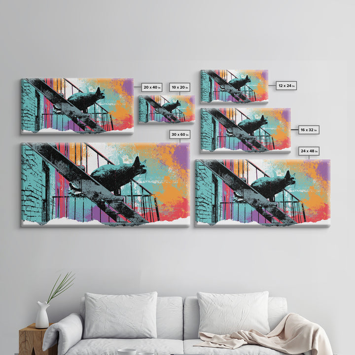 Black Cat on Fire Escape Silhouette Canvas Print, Street Art, Abstract Painting, Living Room Decor, Urban, Gallery Decor, STR-2x1-63