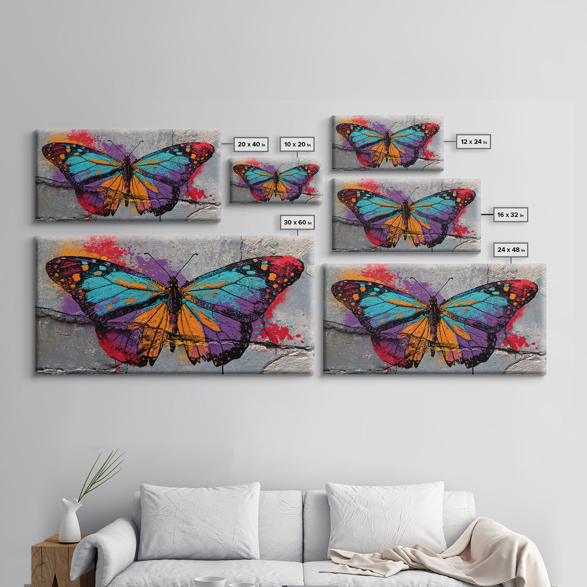 Spray Painted Butterfly on Cracked Concrete Framed Canvas Print, Street Art, Artwork, Living Room Decor, Fine Art, Urban, STR-2x1-91