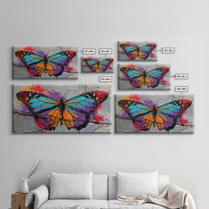 Spray Painted Butterfly on Cracked Concrete Framed Canvas Print, Street Art, Artwork, Living Room Decor, Fine Art, Urban, STR-2x1-91