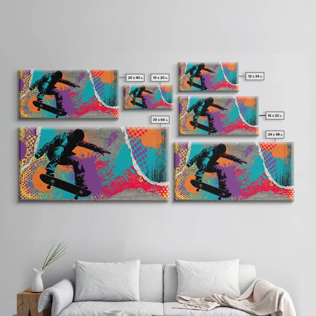 Skateboarder Silhouette over Neon Splashes Framed Canvas Print, Street Art, Neutral Decor, Living Room Decor, Fine Art, Urban, STR-2x1-95