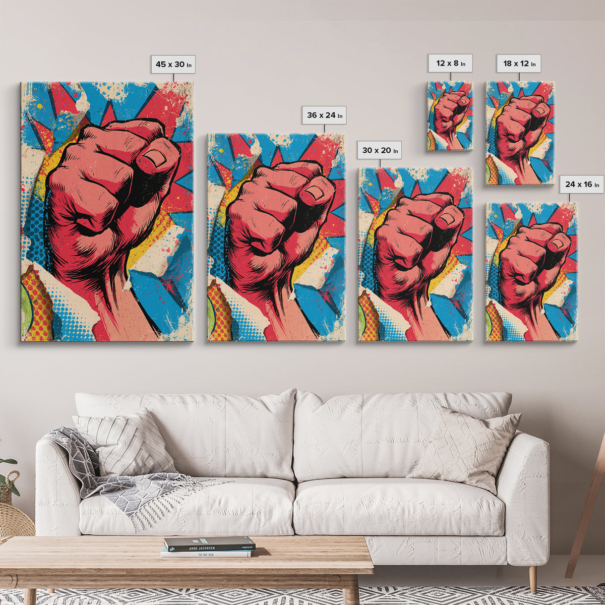 Comic Fist Breaking Through Color Framed Canvas Print, Street Art, Wall Hangings, Living Room Decor, Oil Painting, Urban, STR-2x3-21