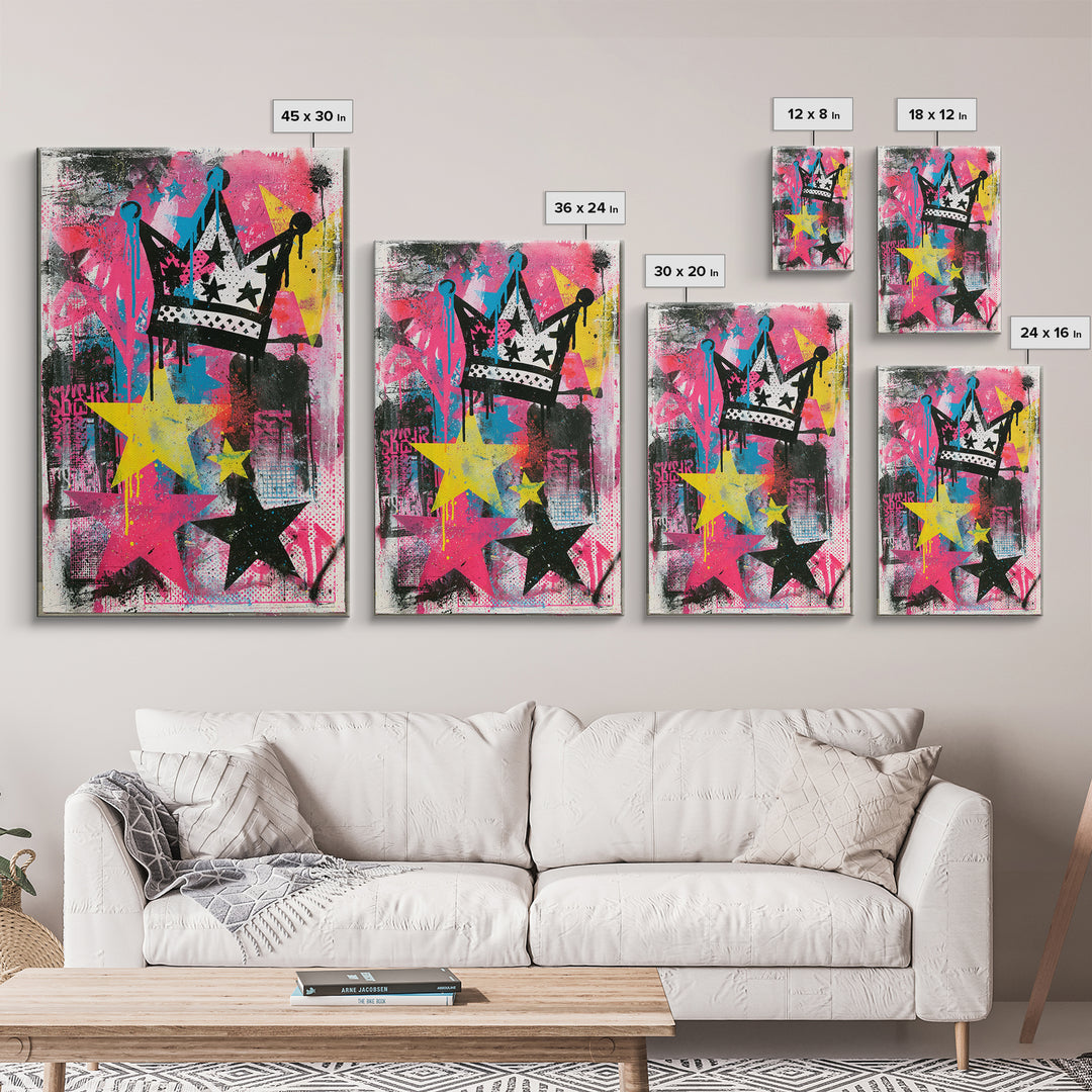 Drippy Crown and Stars Composition Framed Canvas Print, Street Art, Canvas Painting, Living Room Decor, Fine Art, Urban, STR-2x3-28