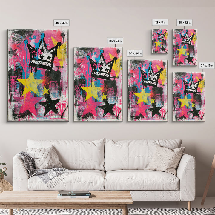 Drippy Crown and Stars Composition Framed Canvas Print, Street Art, Canvas Painting, Living Room Decor, Fine Art, Urban, STR-2x3-28