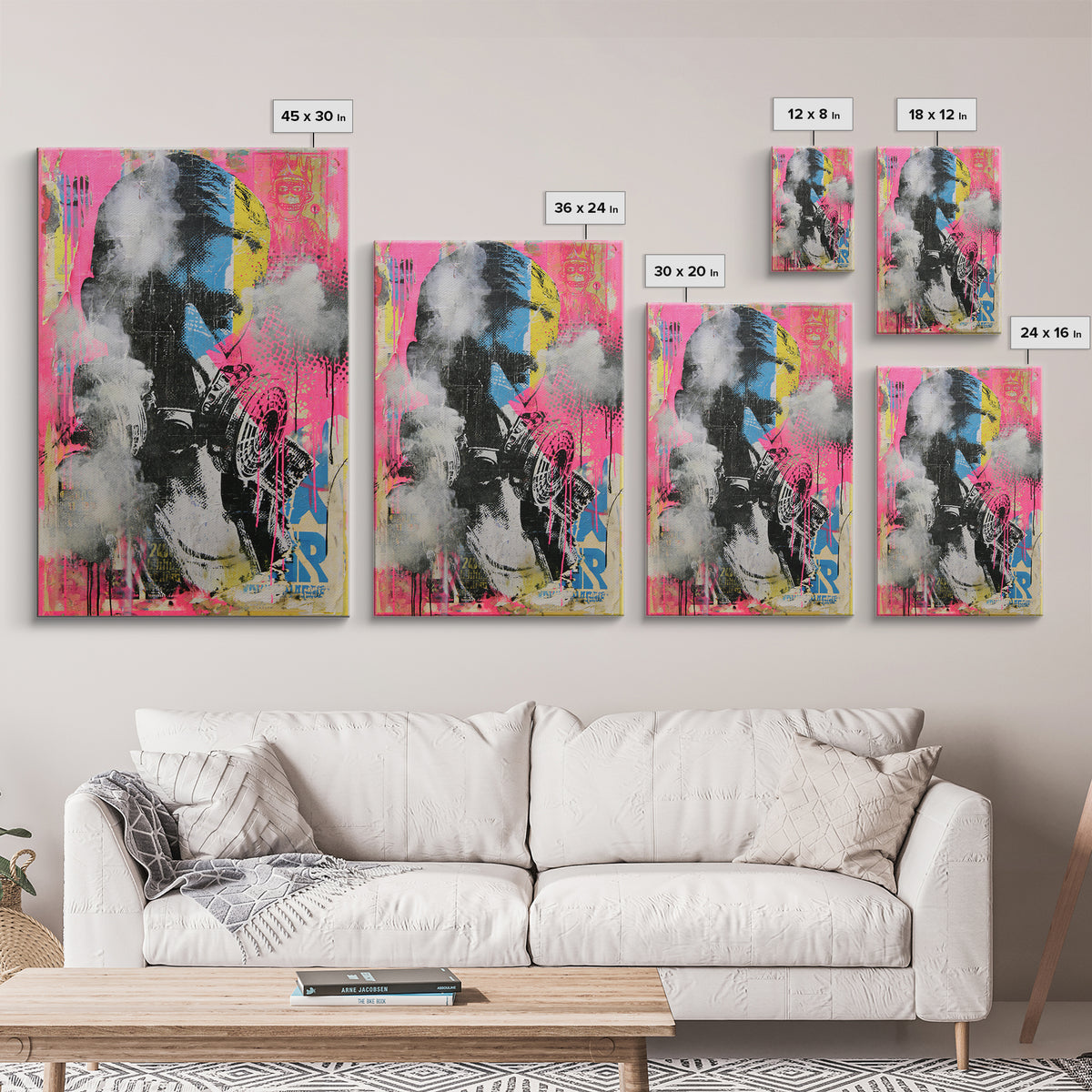 Masked Figure Surrounded by Aerosol Clouds Framed Canvas Print, Street Art, Luxury Decor, Living Room Decor, Fine Art, Urban, STR-2x3-44