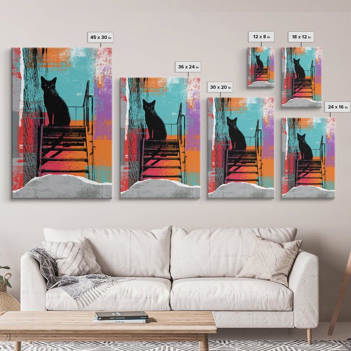 Black Cat on Fire Escape Silhouette Framed Canvas Print, Street Art, Wall Hangings, Living Room Decor, Oil Painting, Urban, STR-2x3-51