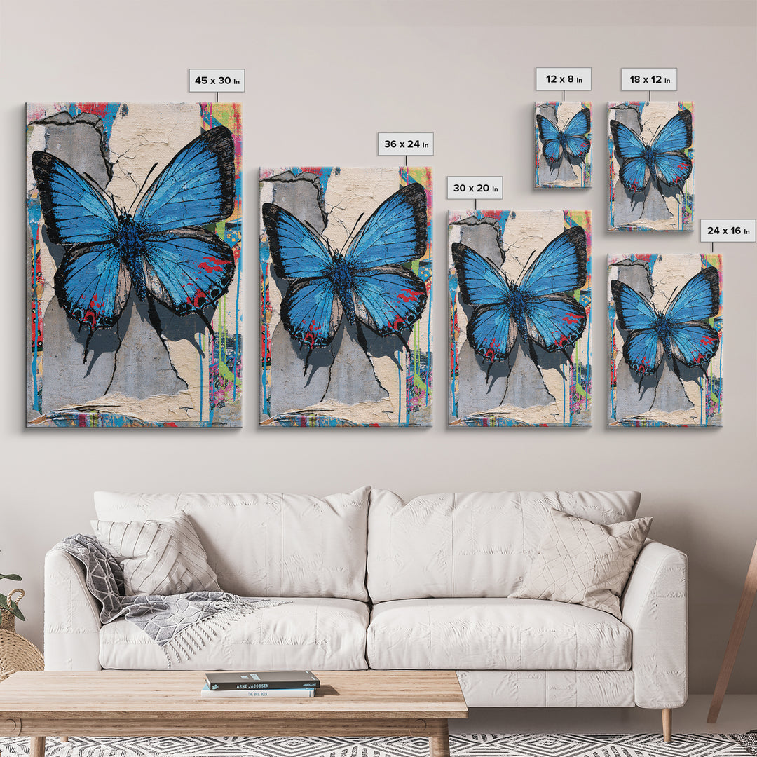 Spray Painted Butterfly on Cracked Concrete Framed Canvas Print, Street Art, Canvas, Living Room Decor, Fine Art, Urban, STR-2x3-55