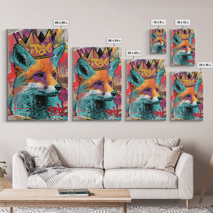 Urban Fox Wearing a Crown of Spray Canvas Print, Street Art, Artwork, Living Room Decor, Urban, Pop Art, Banksy Wall Art, STR-2x3-58