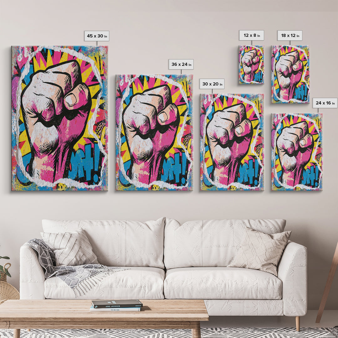 Comic Fist Breaking Through Color Framed Canvas Print, Street Art, Abstract Painting, Living Room Decor, Fine Art, Urban, STR-2x3-69