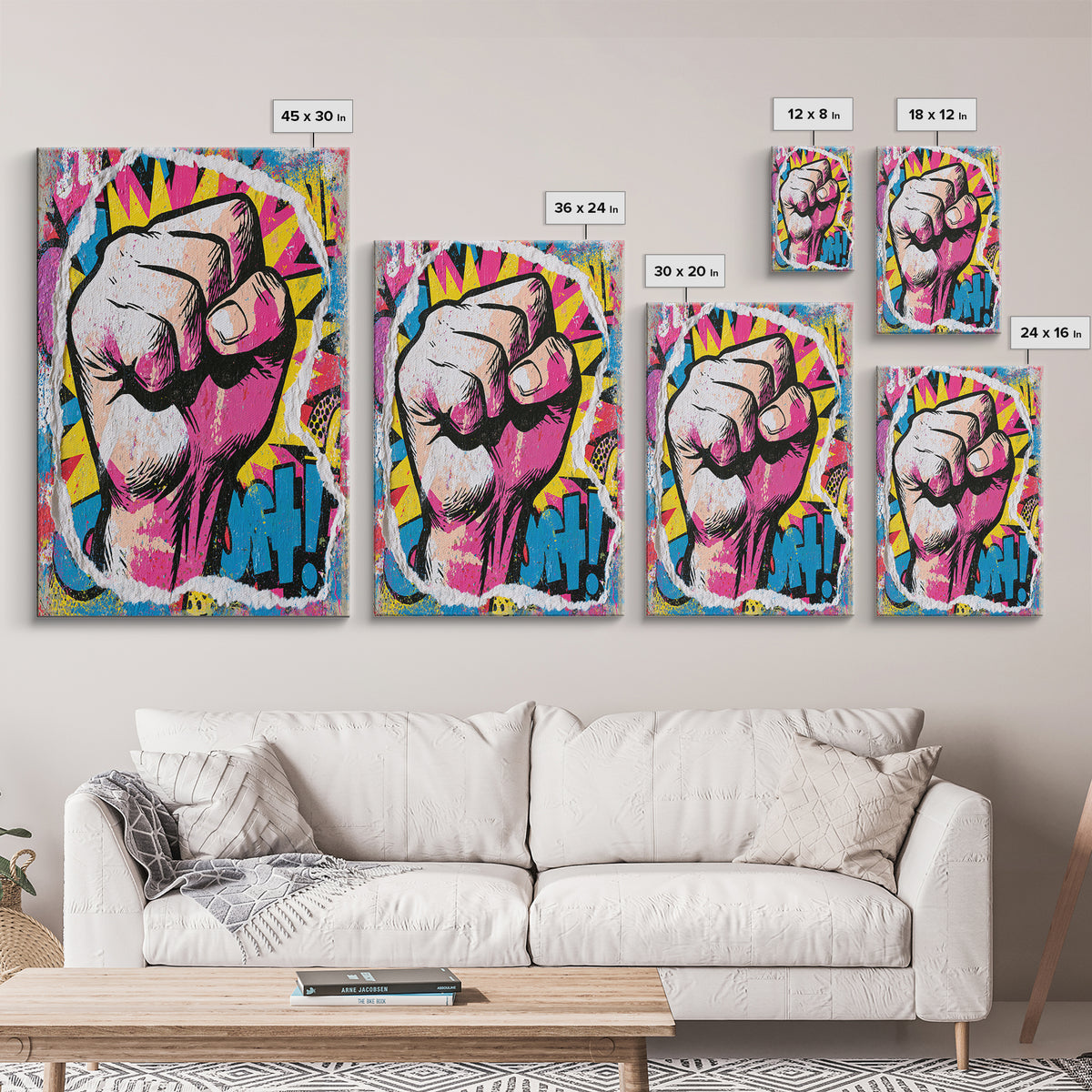 Comic Fist Breaking Through Color Framed Canvas Print, Street Art, Abstract Painting, Living Room Decor, Fine Art, Urban, STR-2x3-69