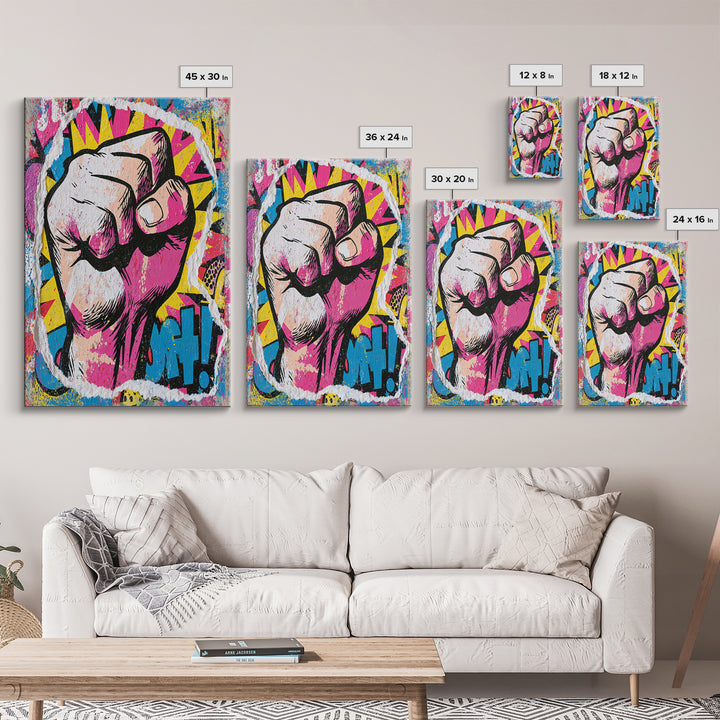 Comic Fist Breaking Through Color Framed Canvas Print, Street Art, Abstract Painting, Living Room Decor, Fine Art, Urban, STR-2x3-69
