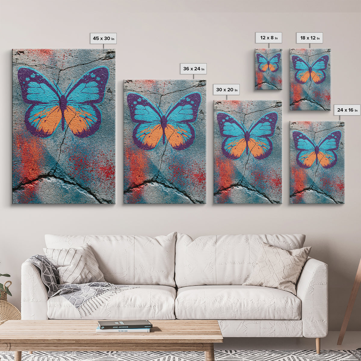 Spray Painted Butterfly on Cracked Concrete Canvas Print, Street Art, Abstract Art, Living Room Decor, Fine Art, Urban, STR-2x3-79