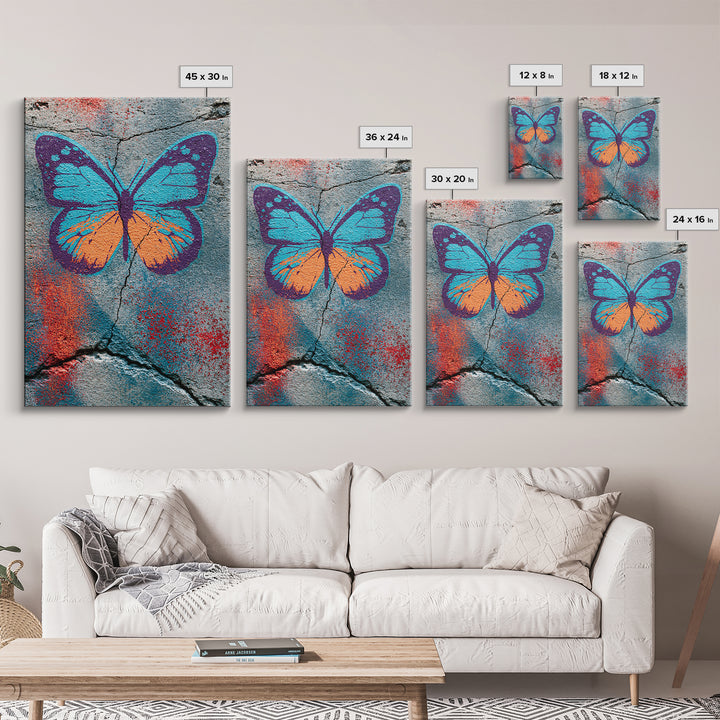 Spray Painted Butterfly on Cracked Concrete Canvas Print, Street Art, Abstract Art, Living Room Decor, Fine Art, Urban, STR-2x3-79