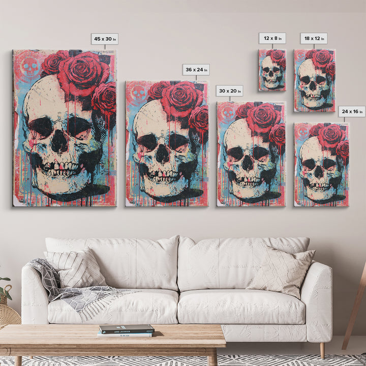Skull with Roses in Street Mural Style Canvas Print, Street Art, Abstract Painting, Living Room Decor, Fine Art, Urban, STR-2x3-96