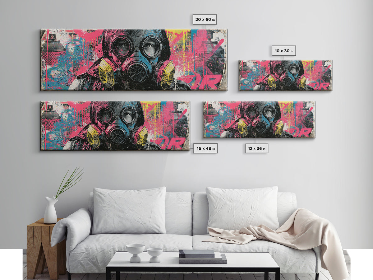 Masked Figure Surrounded by Aerosol Clouds Canvas Print, Street Art, Textured Painting, Living Room Decor, Fine Art, Urban, STR-3x1-100