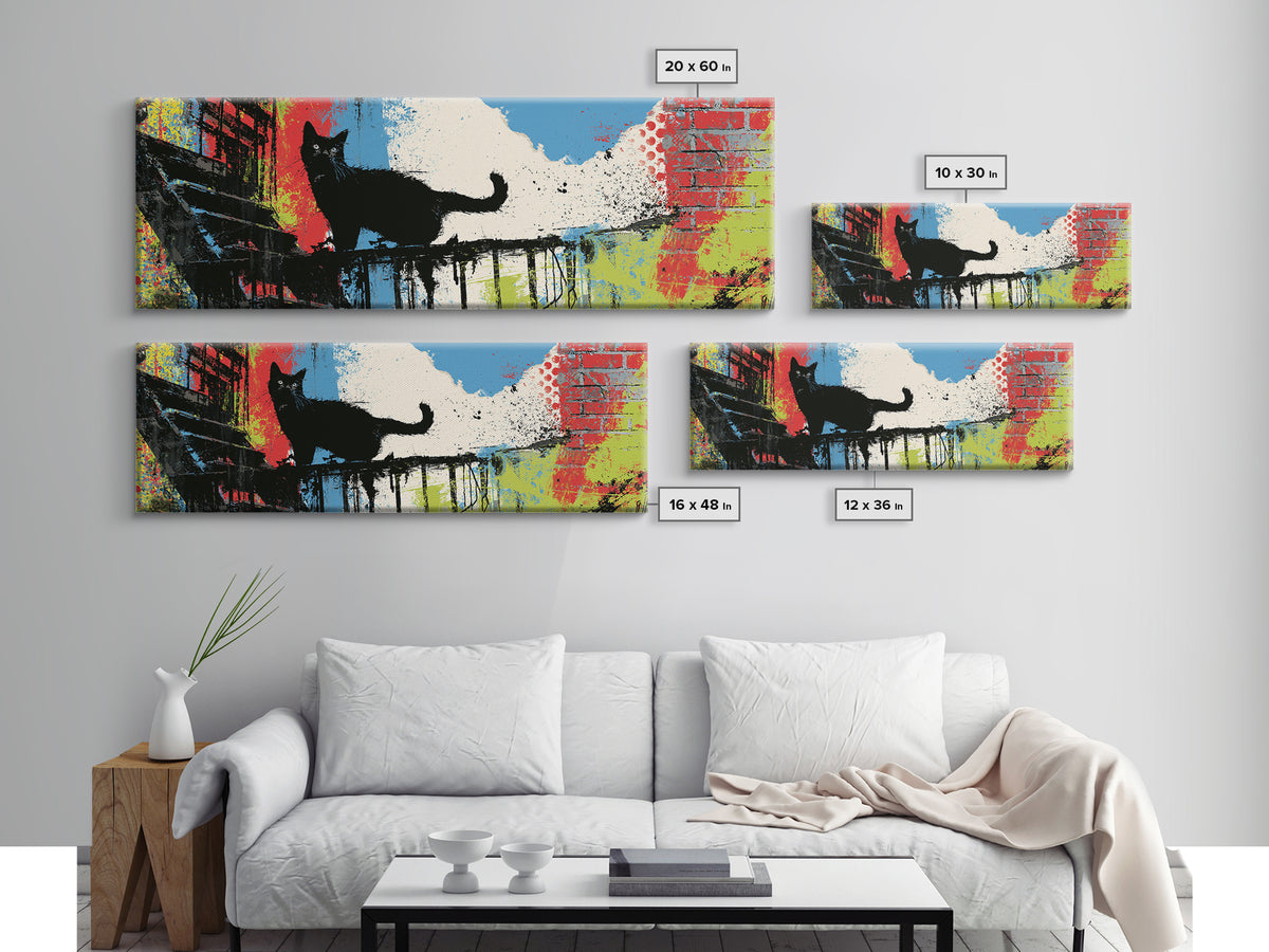 Black Cat on Fire Escape Silhouette Canvas Print, Street Art, Graffiti Art, Living Room Decor, Watercolor Art, Urban, STR-3x1-11