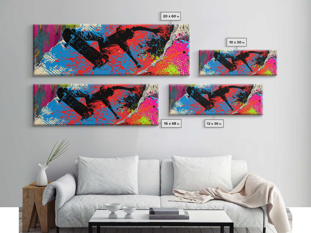 Skateboarder Silhouette over Neon Splashes Canvas Print, Street Art, Custom Portrait, Living Room Decor, Fine Art, Urban, STR-3x1-43