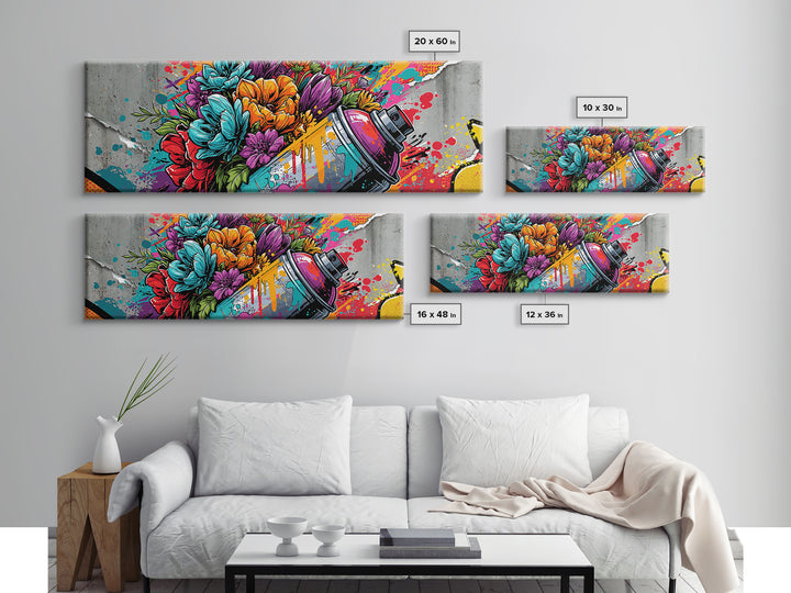 Spray Can Bouquet Framed Canvas Print, Street Art, Statement Artwork, Living Room Decor, Fine Art, Urban, Wall Decor, STR-3x1-7