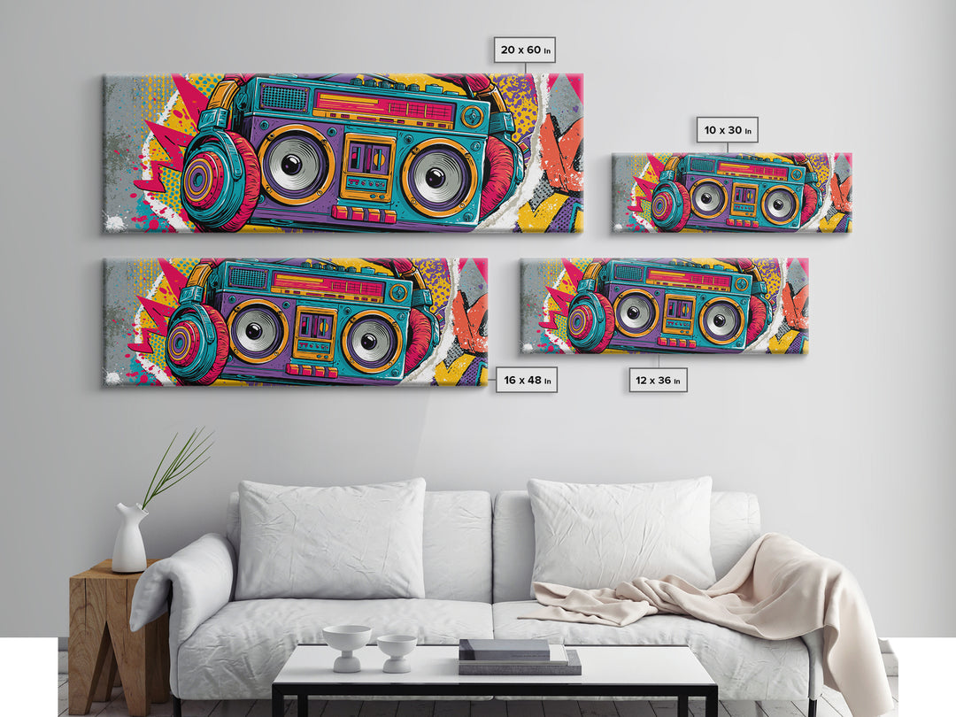 Boombox and Headphones Framed Canvas Print, Street Art, Neutral Decor, Living Room Decor, Fine Art, Urban, Home Decor, STR-3x1-73