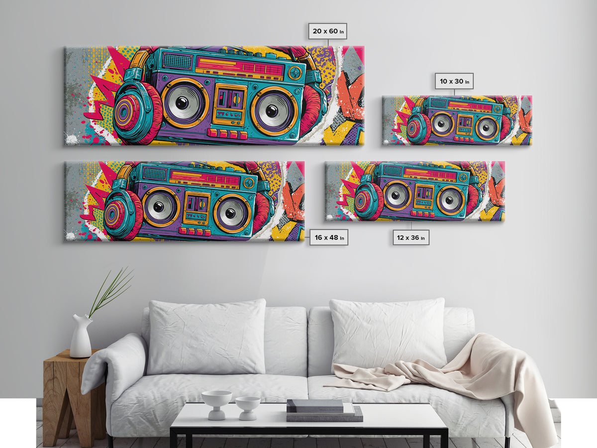 Boombox and Headphones Framed Canvas Print, Street Art, Neutral Decor, Living Room Decor, Fine Art, Urban, Home Decor, STR-3x1-73