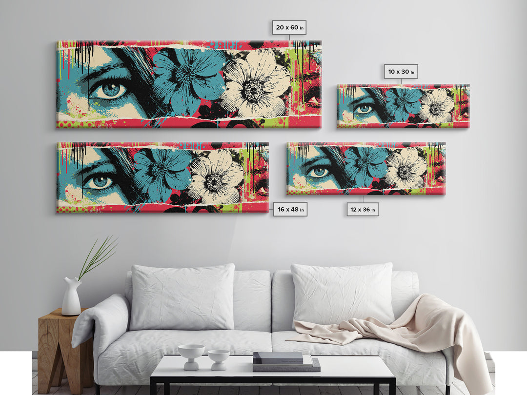 Paste Up Collage of Flowers and Eyes Framed Canvas Print, Street Art, Bar Art, Living Room Decor, Urban, Fine Art Print, STR-3x1-74