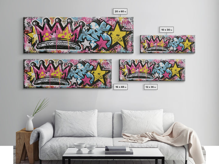 Drippy Crown and Stars Composition Framed Canvas Print, Street Art, Painting, Living Room Decor, Urban, Abstract Painting, STR-3x1-84