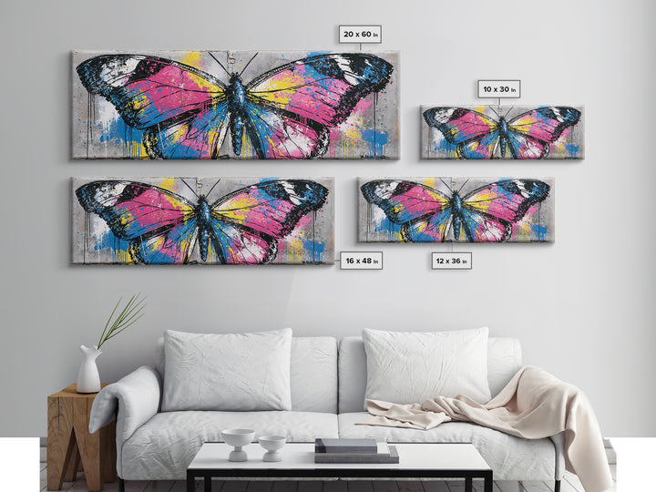 Spray Painted Butterfly on Cracked Concrete Framed Canvas Print, Street Art, Artwork, Living Room Decor, Fine Art, Urban, STR-3x1-87