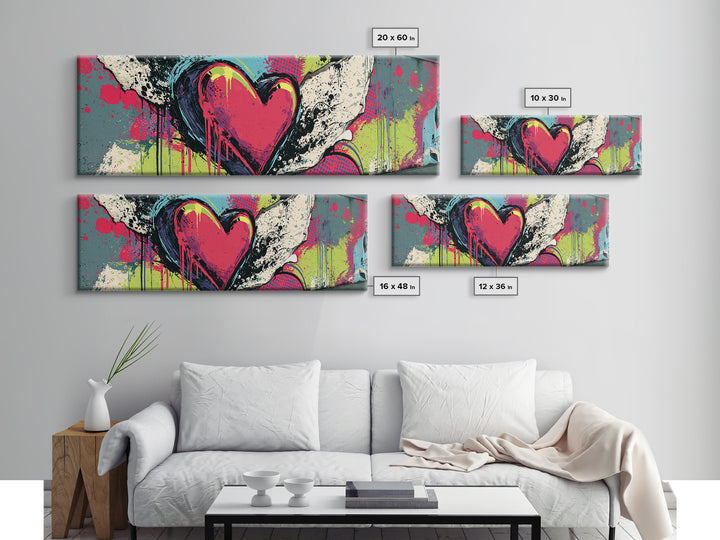 Neon Heart with Rough Drips Framed Canvas Print, Street Art, Canvas, Living Room Decor, Fine Art, Urban, Colorful Wall Art, STR-3x1-99