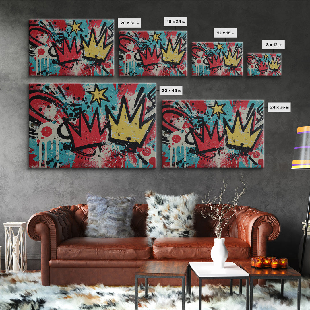 Drippy Crown and Stars Composition Framed Canvas Print, Street Art, Abstract, Living Room Decor, Fine Art, Urban, Luxury Decor, STR-3x2-24