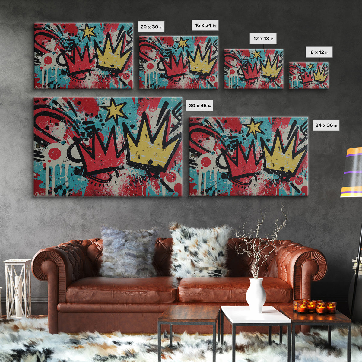 Drippy Crown and Stars Composition Framed Canvas Print, Street Art, Abstract, Living Room Decor, Fine Art, Urban, Luxury Decor, STR-3x2-24
