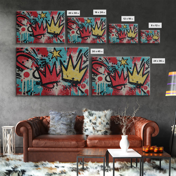 Drippy Crown and Stars Composition Framed Canvas Print, Street Art, Abstract, Living Room Decor, Fine Art, Urban, Luxury Decor, STR-3x2-24