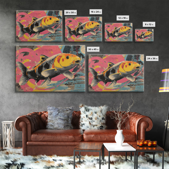 Graffiti Koi Swimming Through Color Swirls Framed Canvas Print, Street Art, Anime Art, Living Room Decor, Abstract Art, Urban, STR-3x2-25