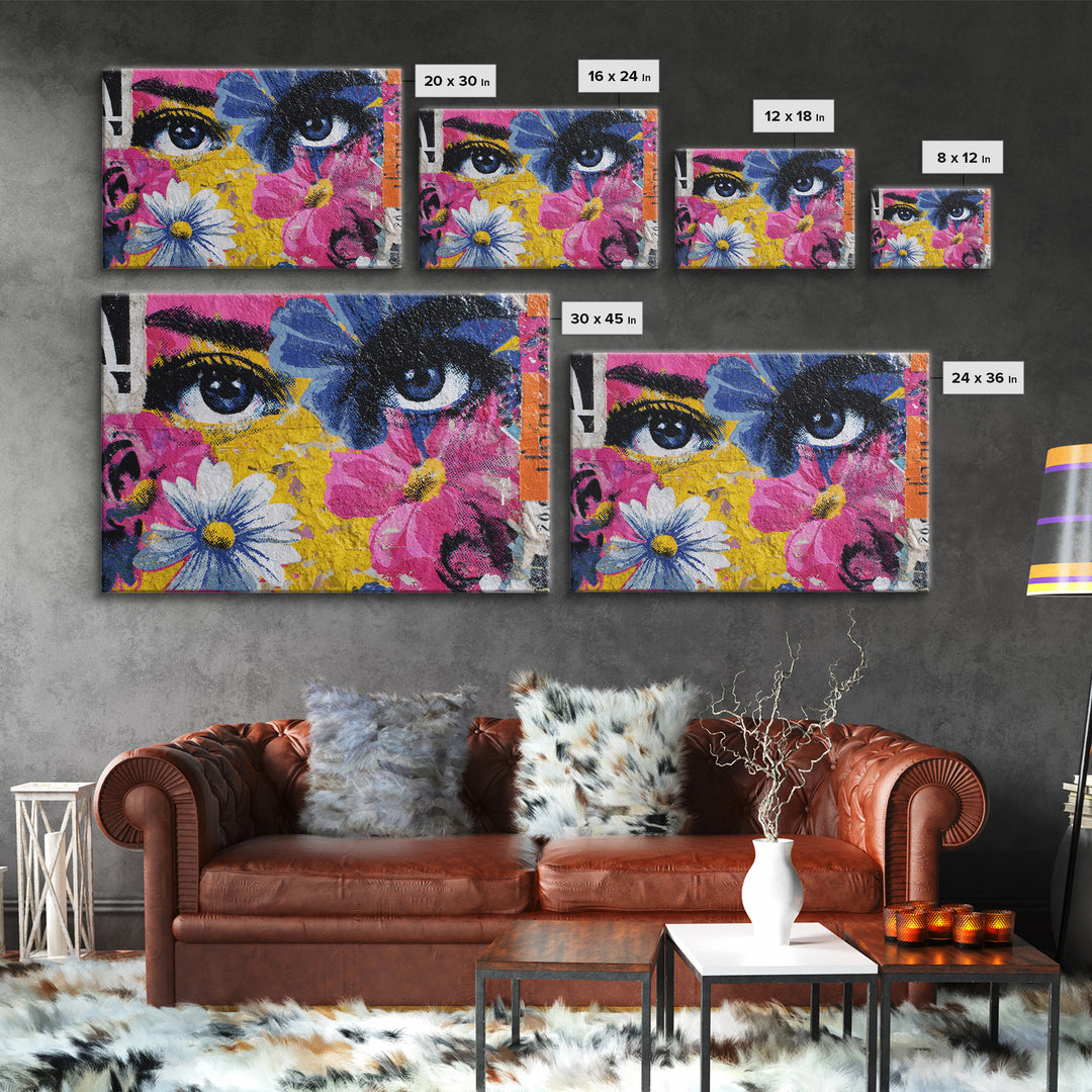 Paste Up Collage of Flowers and Eyes Canvas Print, Street Art, Abstract Painting, Living Room Decor, Watercolor Art, Urban, STR-3x2-38