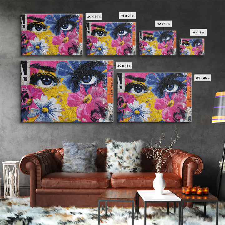 Paste Up Collage of Flowers and Eyes Canvas Print, Street Art, Abstract Painting, Living Room Decor, Watercolor Art, Urban, STR-3x2-38
