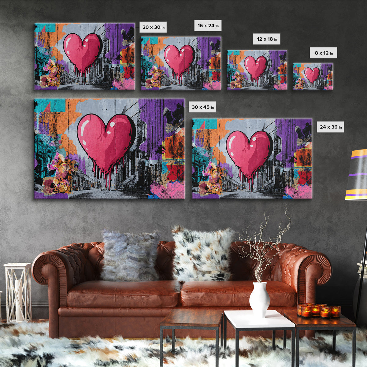Neon Heart with Rough Drips Framed Canvas Print, Street Art, Minimalist Decor, Living Room Decor, Fine Art, Urban, Original Art, STR-3x2-39