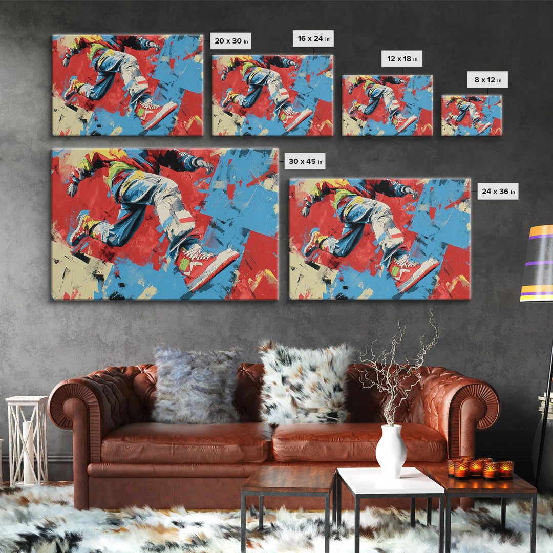 Breakdancer Frozen in Energetic Motion Framed Canvas Print, Street Art, Colorful Wall Art, Living Room Decor, Fine Art, Urban, STR-3x2-46