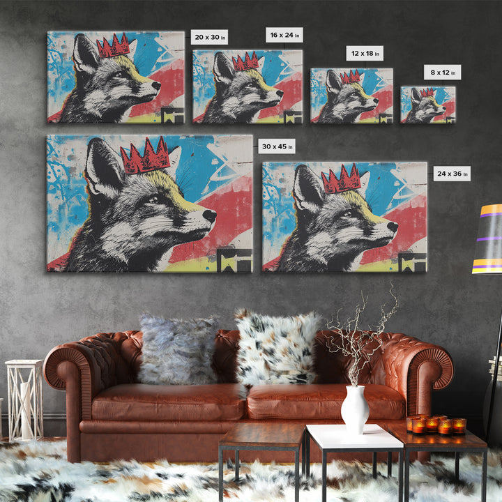Urban Fox Wearing a Crown of Spray Framed Canvas Print, Street Art, Modern Wall Art, Living Room Decor, Fine Art, Urban, STR-3x2-6