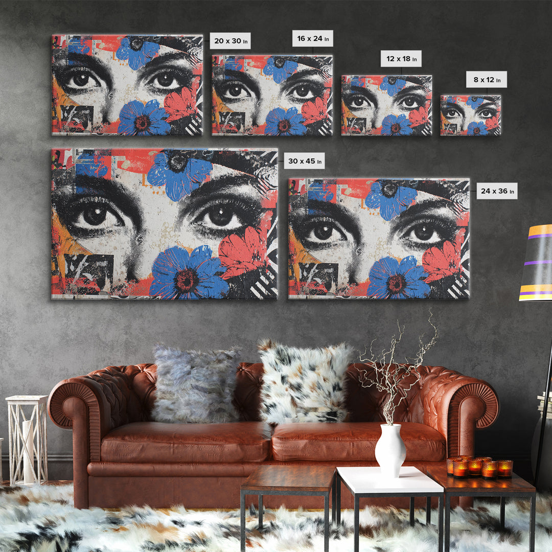 Paste Up Collage of Flowers and Eyes Canvas Print, Street Art, Abstract Painting, Living Room Decor, Watercolor Art, Urban, STR-3x2-62