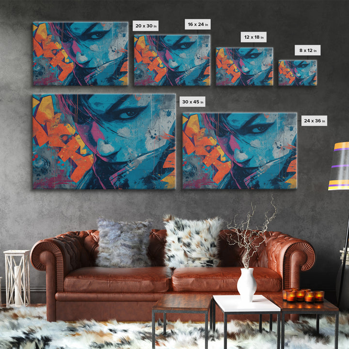 Masked Figure Surrounded by Aerosol Clouds Framed Canvas Print, Street Art, Textured Painting, Living Room Decor, Urban, STR-3x2-64