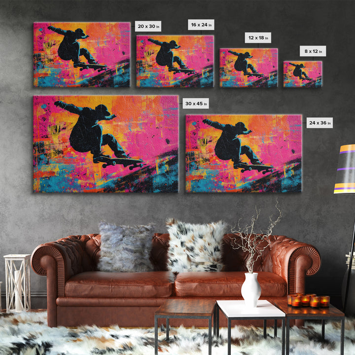 Skateboarder Silhouette over Neon Splashes Framed Canvas Print, Street Art, Original Art, Living Room Decor, Abstract Art, STR-3x2-7