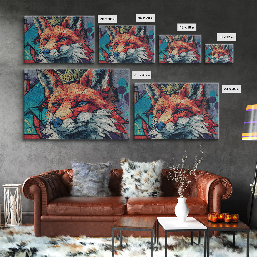 Urban Fox Wearing a Crown of Spray Framed Canvas Print, Street Art, Contemporary Art, Living Room Decor, Fine Art, Urban, STR-3x2-78