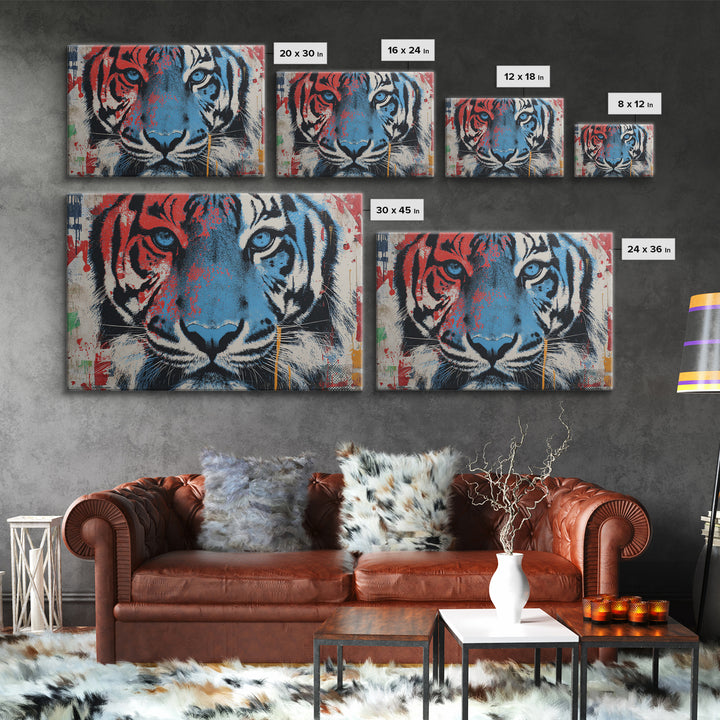 Spray Painted Tiger Face Canvas Print, Street Art, Poster, Living Room Decor, Urban, Poster Prints, Watercolor Painting, STR-3x2-84