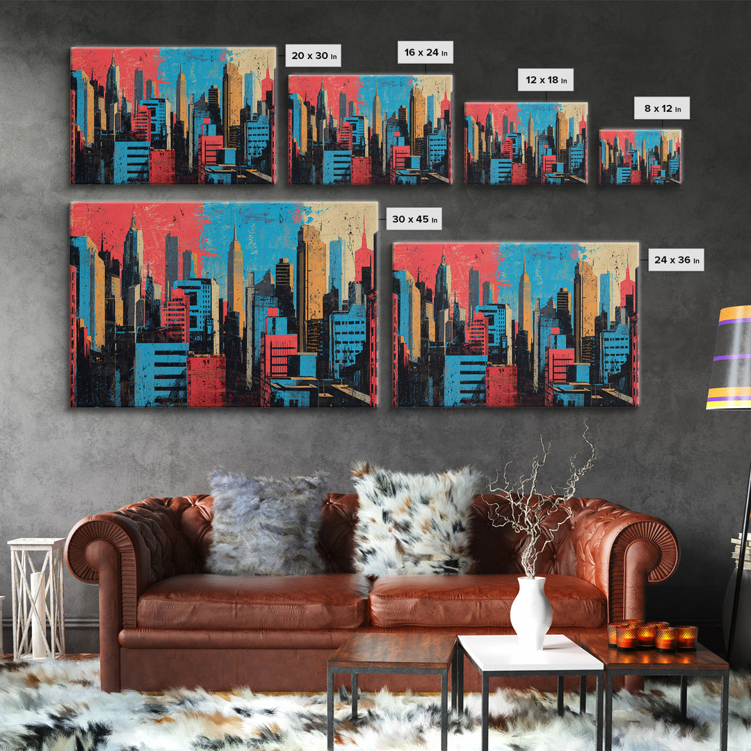 Urban Skyline Made from Stencil Layers Framed Canvas Print, Street Art, Abstract, Living Room Decor, Abstract Art, Urban, STR-3x2-90